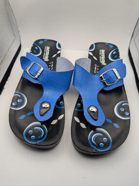 Aerosoft Black and Blue Thong Sandals Slip-On Comfort Faux Leather Size 9